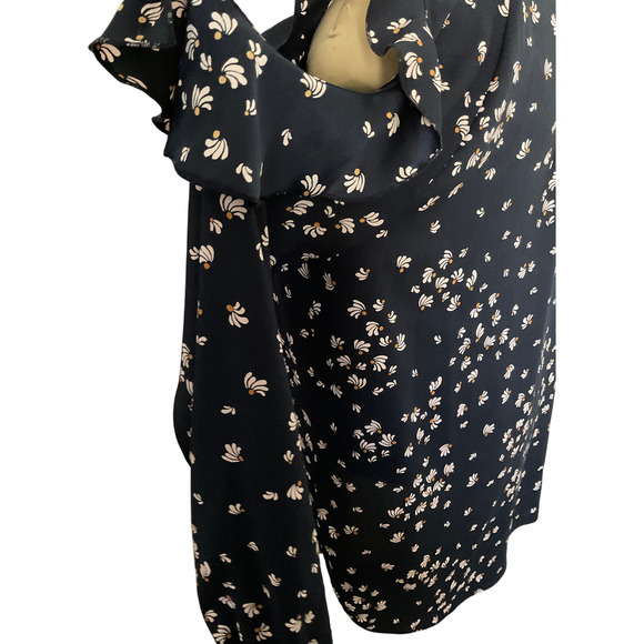 Ann Taylor Women's Large Navy Blue Blouse Floral Cold Shoulder Sleeve Polyester - Picture 10 of 11